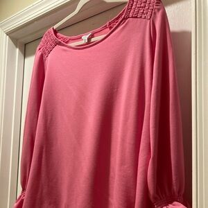 crown & ivy Pink Long-Sleeve Smocked Shoulder Pullover